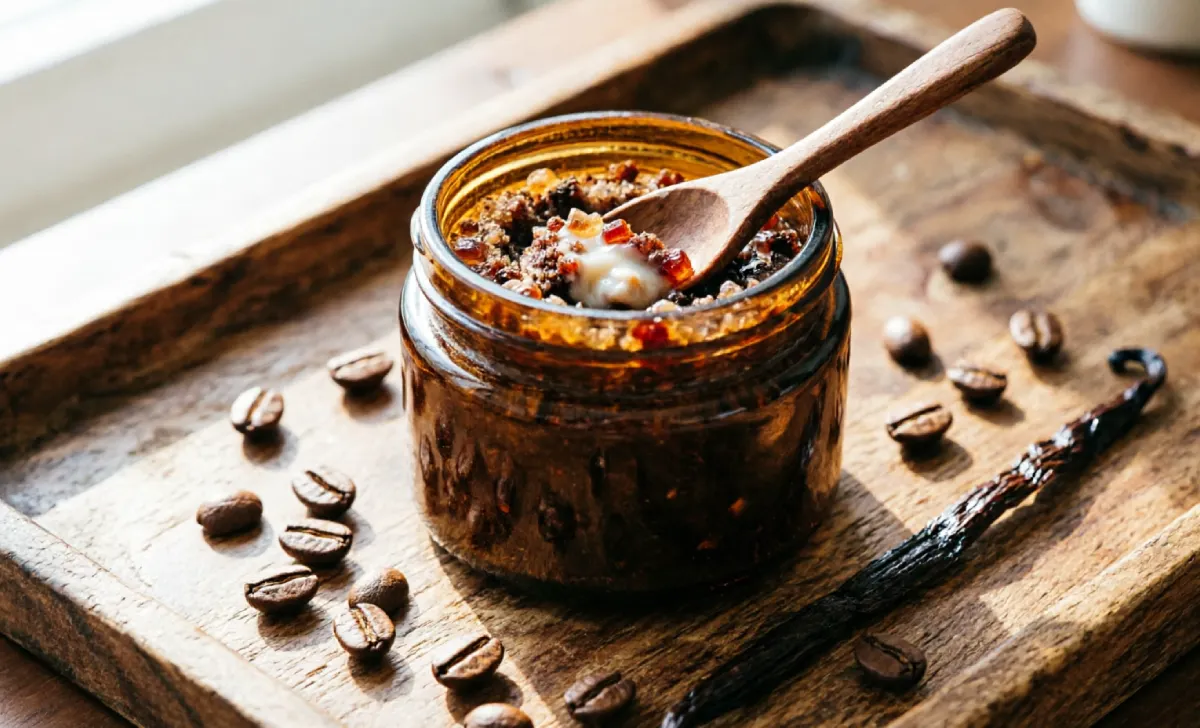 Glass jar of homemade DIY body scrub recipes coffee scrub made with coffee grounds, brown sugar, and coconut oil