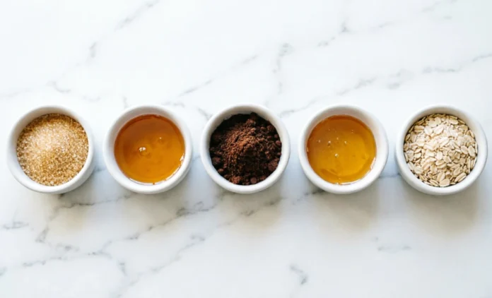 Easy DIY Body Scrub Recipes with Coconut Oil for Glowing Skin Flat lay of diy body scrub recipes ingredients including sugar, coconut oil, coffee grounds, and honey on marble