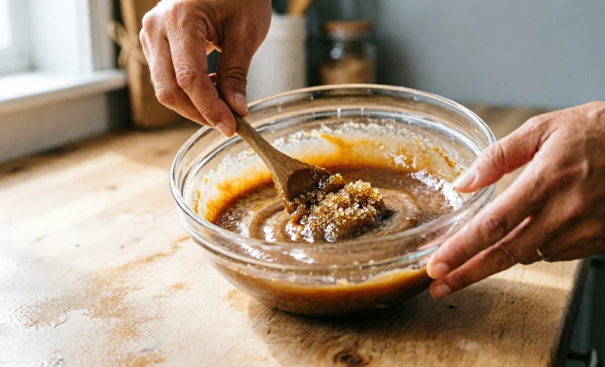 Hands mixing DIY body scrub recipes base with brown sugar and coconut oil in a glass bowl to wet-sand texture
