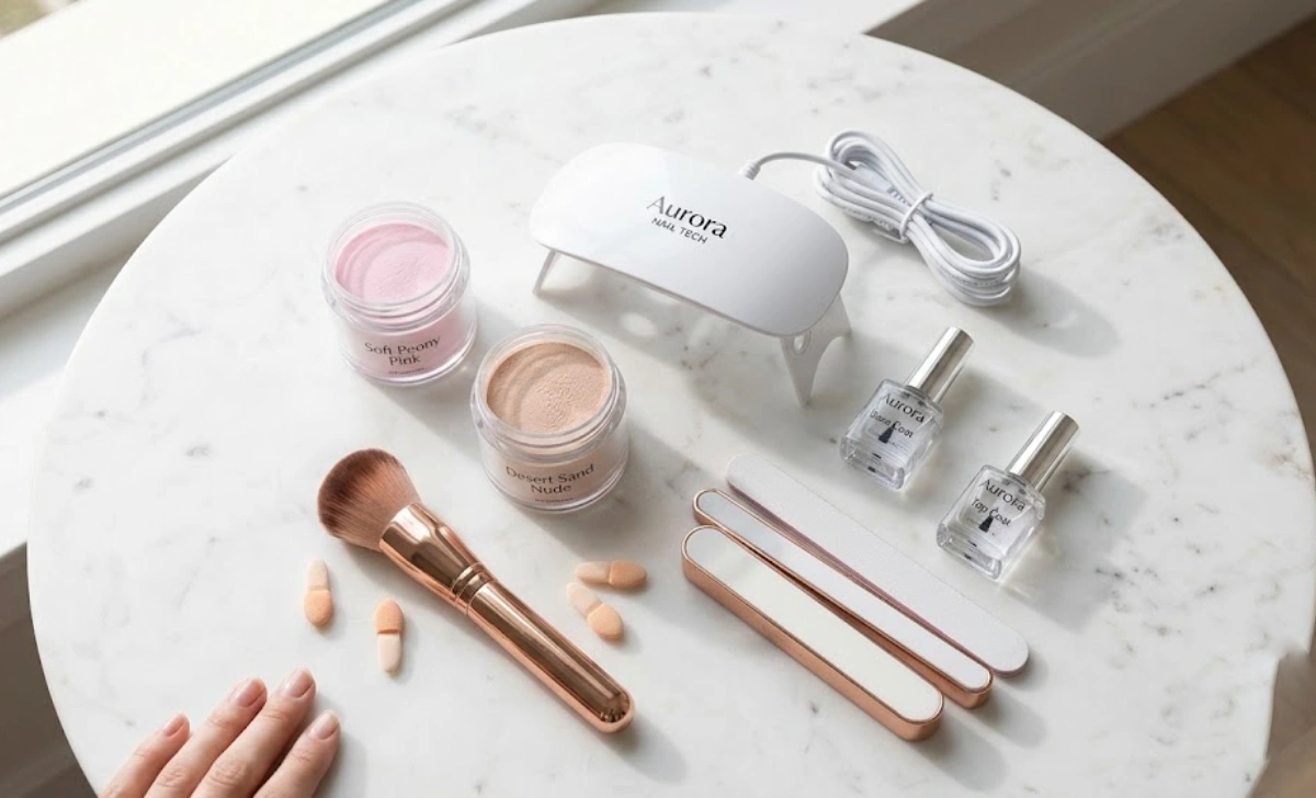 At-home ombre nails kit including UV lamp, dip powder, and tools showing DIY cost