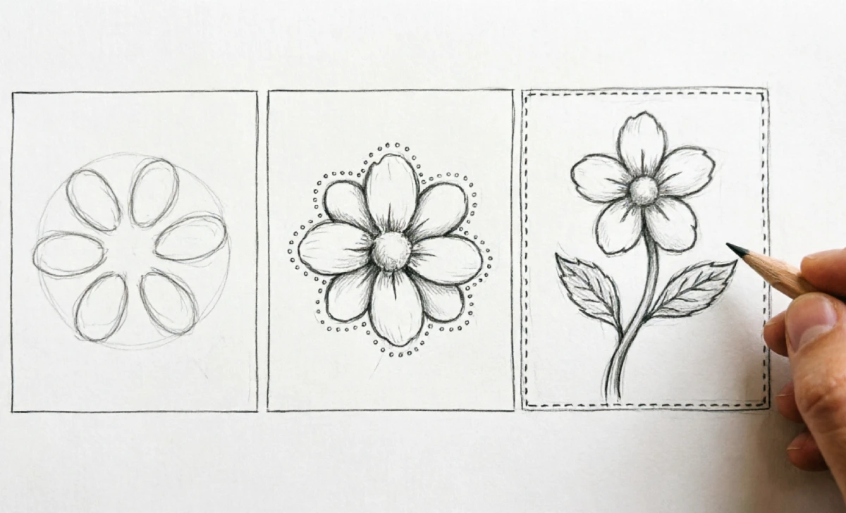 Step-by-step drawing of a folk flower: from circle with petals, to adding second layer and border, to finished motif with stem and leaves.