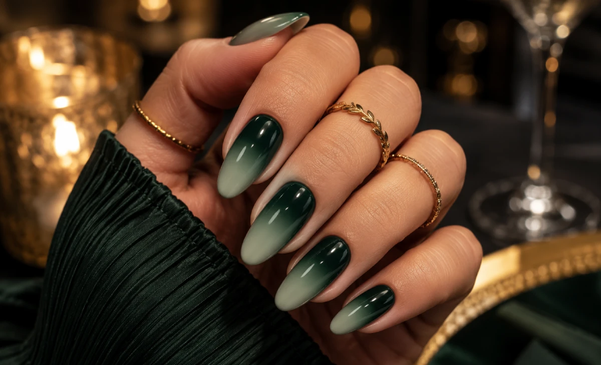 Emerald to sage jewel-toned fall ombre nails for evening occasions