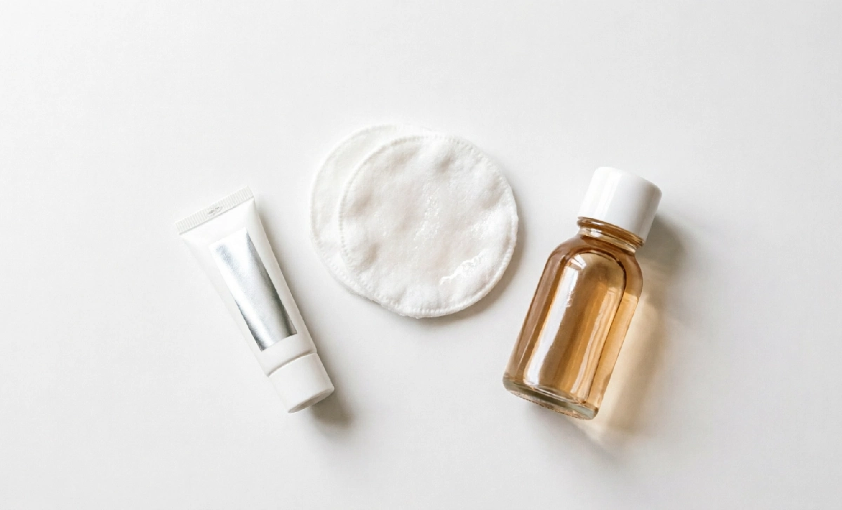 Eyebrow tattoo aftercare products flat lay