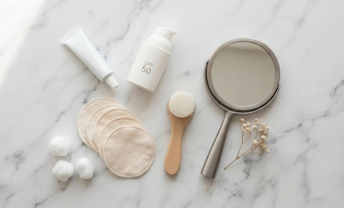 Eyebrow tattoo and microblading aftercare products flat lay on white surface