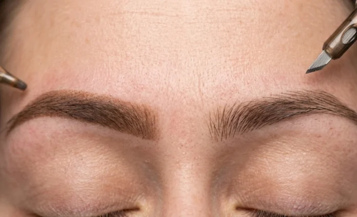 Eyebrow Tattoo vs Microblading Technique Eyebrow tattoo vs microblading technique close-up on skin