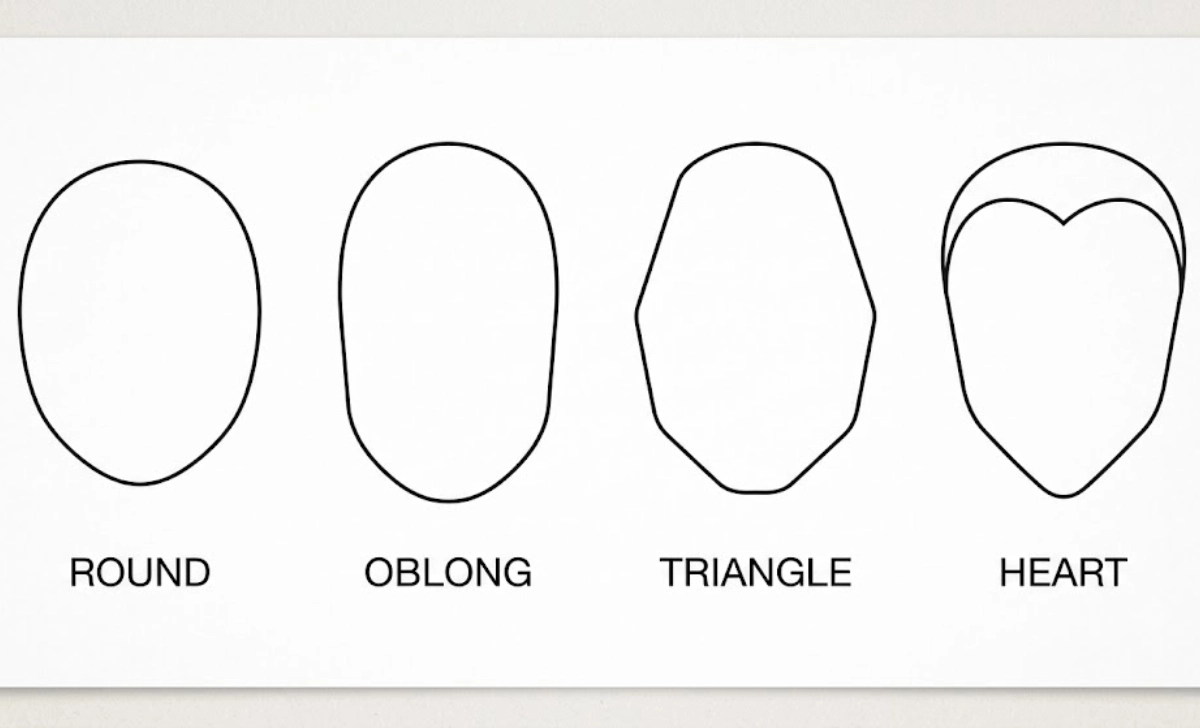 Diagram showing round, oblong, triangle, and heart face shapes that should avoid a buzz cut