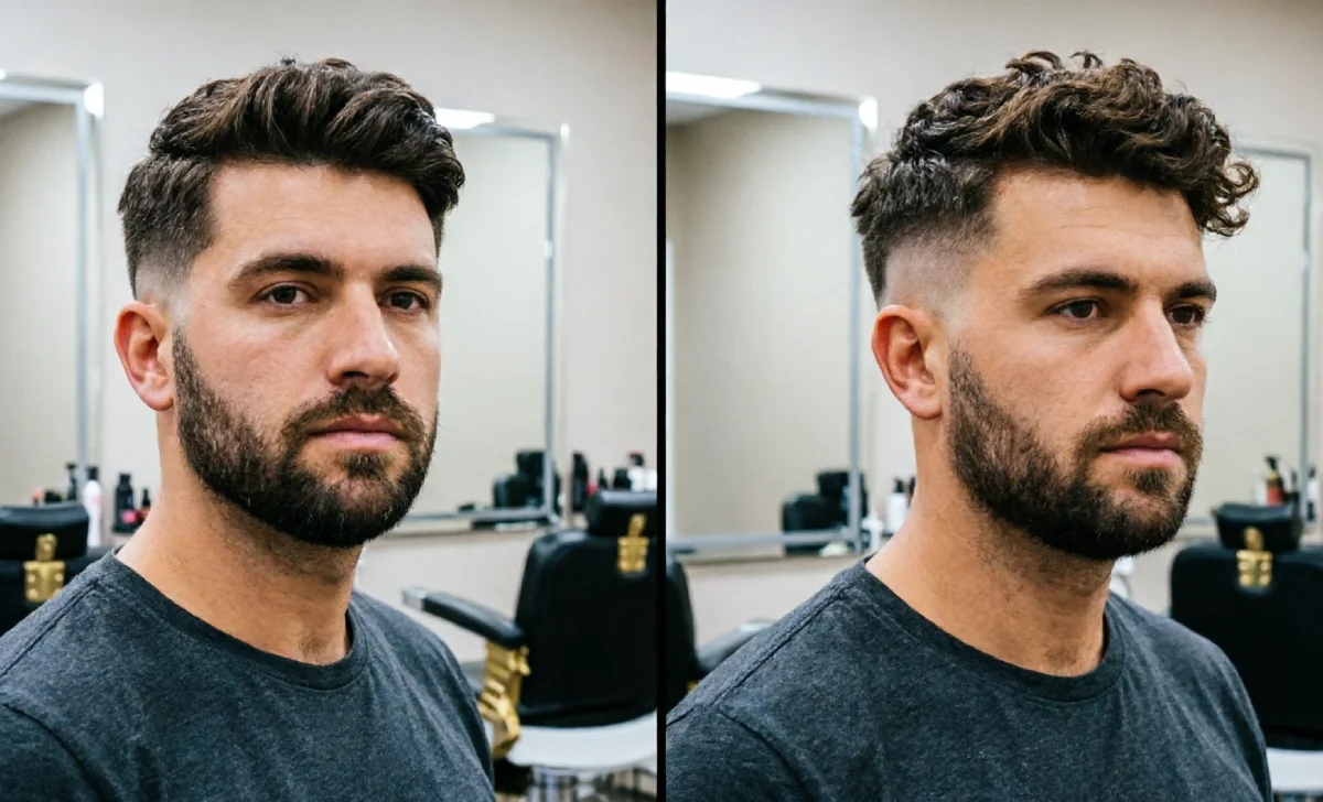 Low fade vs high fade hairstyles for men with thick hair side by side comparison in barbershop