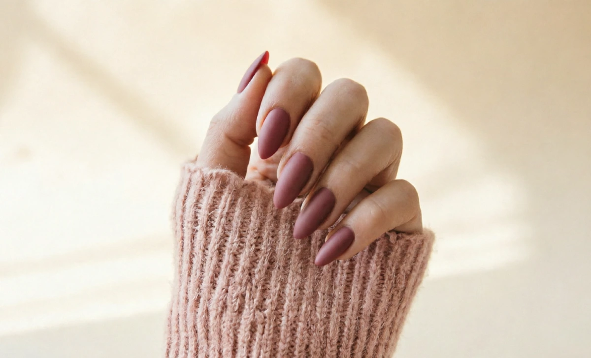 Muted matte raspberry bright nail color styled for fall 2026