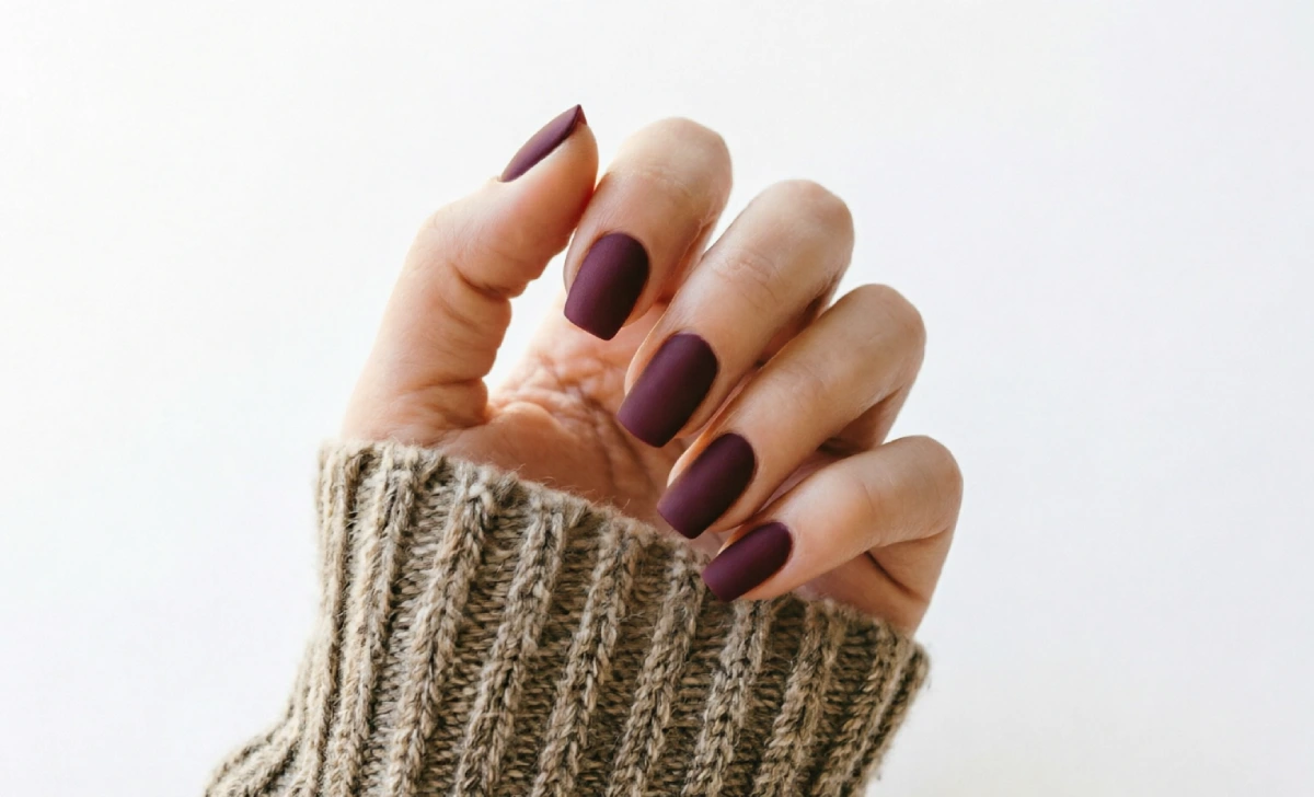 Matte terracotta fall nail color on squoval-shaped nails against an autumn backdrop
