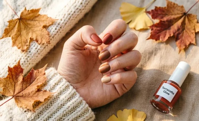 fall nail colors 2026 featuring warm terracotta and clay shades on natural nails