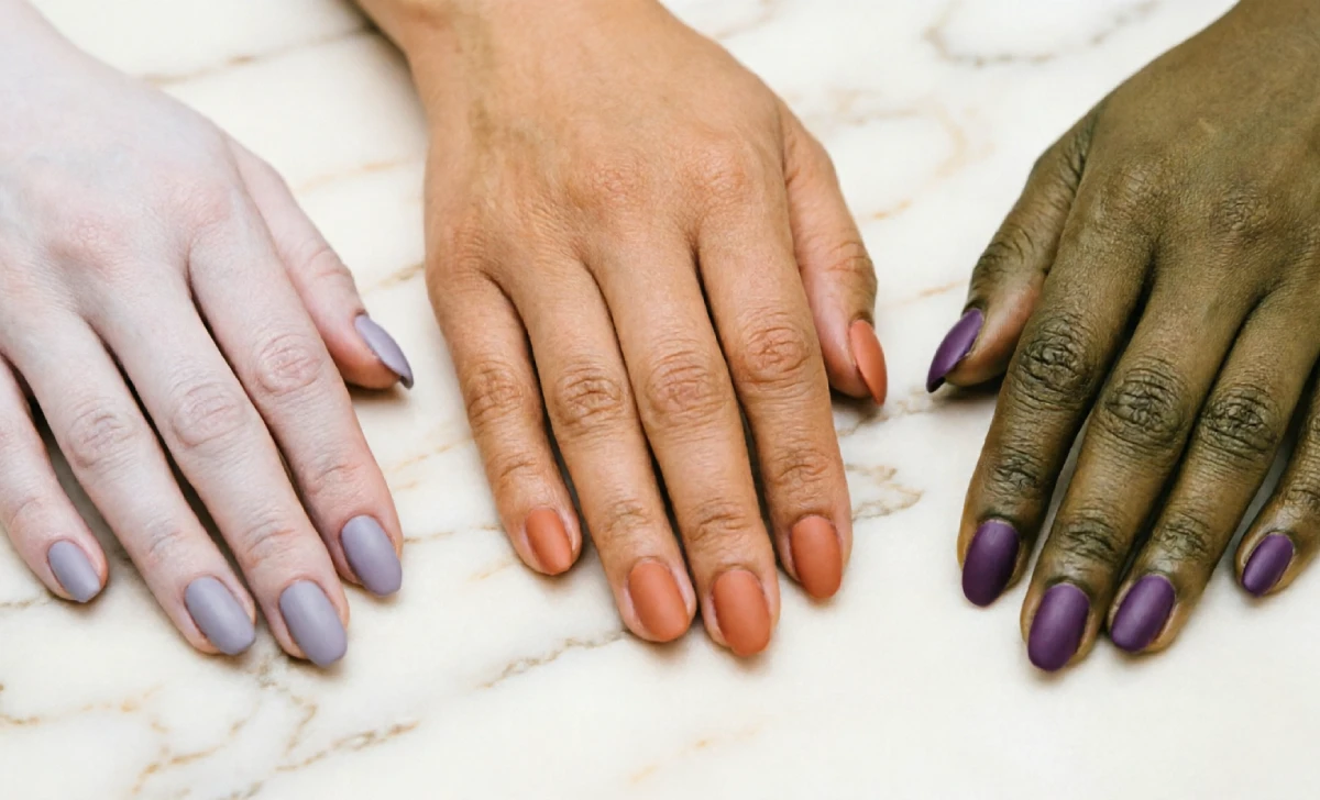 fall nail colors for different skin tones including lavender for cool, terracotta for warm, and plum for olive undertones