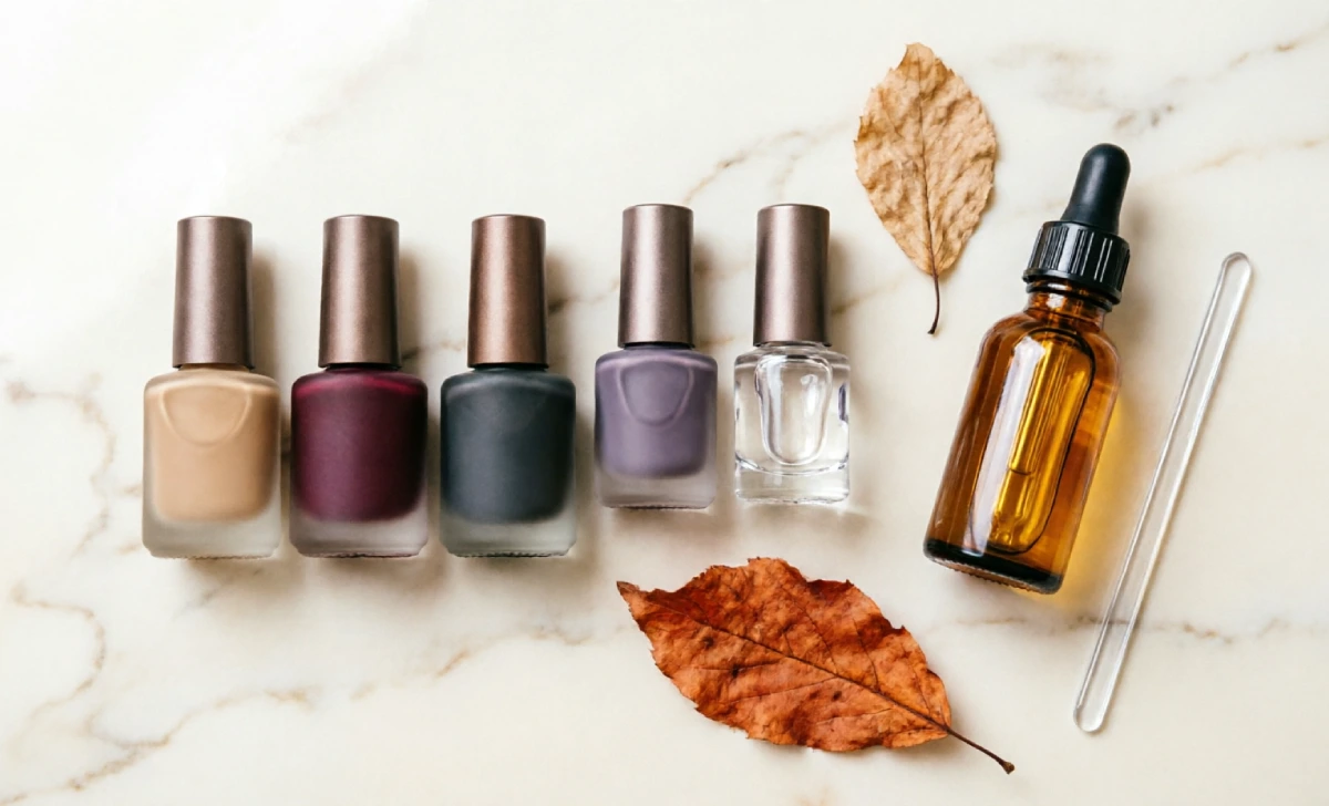 fall nail colors capsule collection with five polish bottles in spiced beige, oxblood, charcoal brown, mauve, and top coat