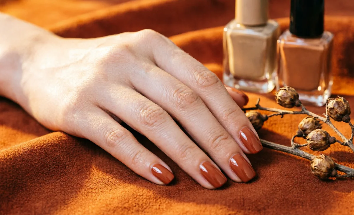 fall nail colors earth tones featuring cinnamon terracotta nails on a squoval shape with autumn suede background