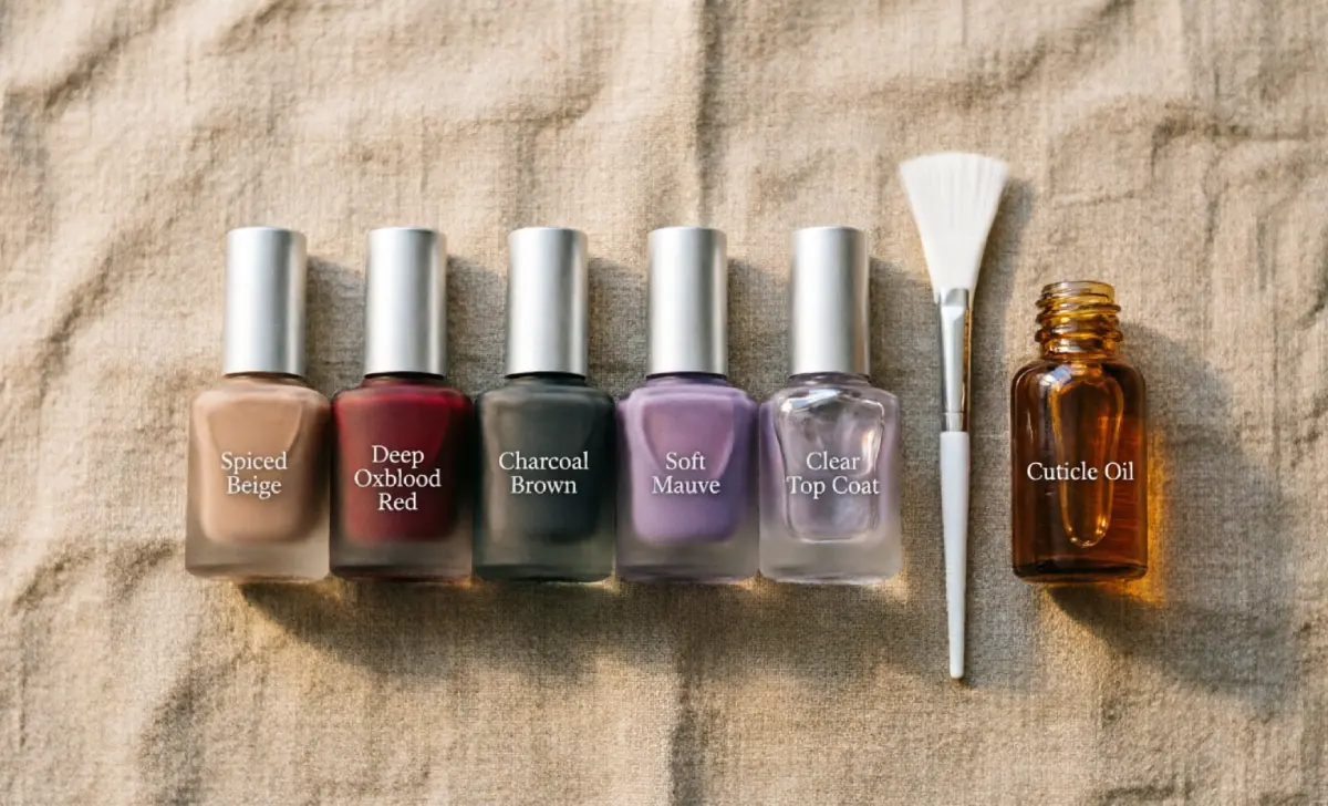 Five-bottle fall nail polish capsule collection with beige, oxblood, brown, mauve, and top coat