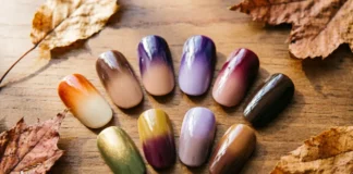 Fall ombre nail colors collection showing 8 gradient combinations on almond-shaped nails in warm autumn tones