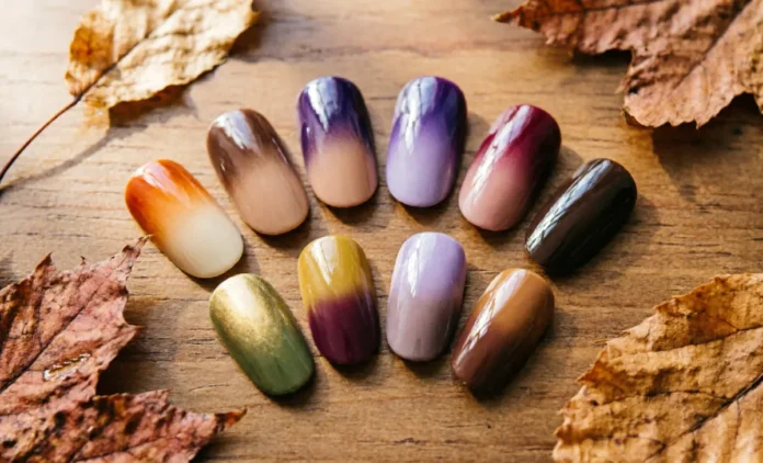 Fall ombre nail colors collection showing 8 gradient combinations on almond-shaped nails in warm autumn tones