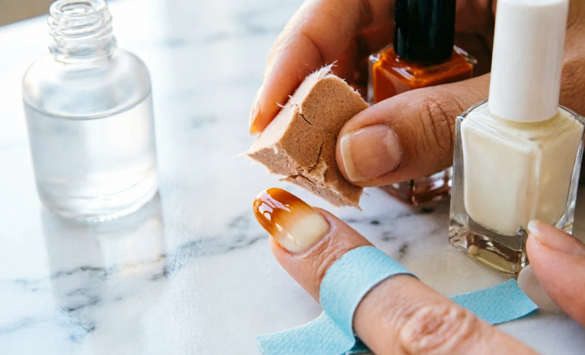 Hands applying fall ombre nail colors at home using a makeup sponge to blend burnt orange and cream gradient on nails