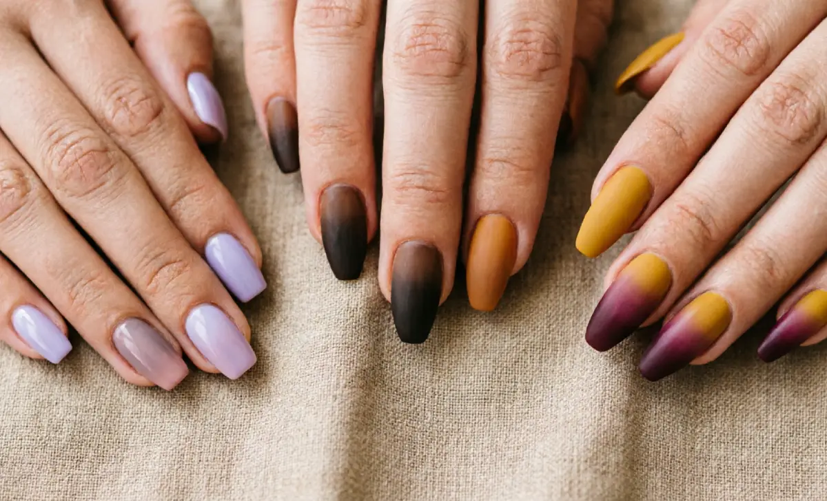 Three nail shapes almond coffin and short square showing how fall ombre nail colors gradient placement differs by shape