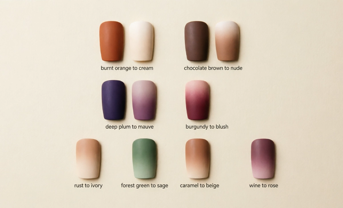 Quick reference chart of eight fall ombre nail color combinations