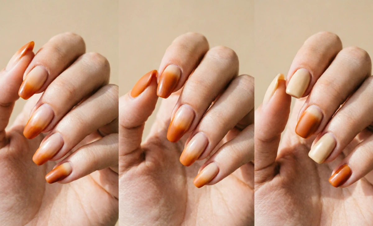 Fall ombre nail colors compared across almond, coffin, and short square nail shapes