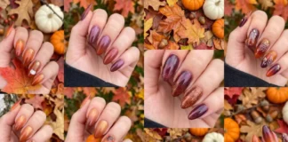 Collage of fall ombre nail ideas showing gradient nails in autumn shades like rust, olive, and plum on short nails.