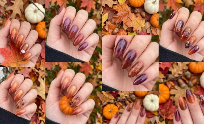 Collage of fall ombre nail ideas showing gradient nails in autumn shades like rust, olive, and plum on short nails.