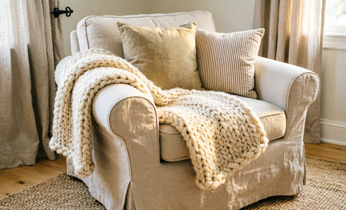 Farmhouse interior design cozy corner with a chunky knit throw on a linen armchair, jute rug, and natural linen curtains in warm afternoon light