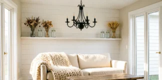 A bright farmhouse interior design living room with shiplap walls, neutral tones, and cozy textiles