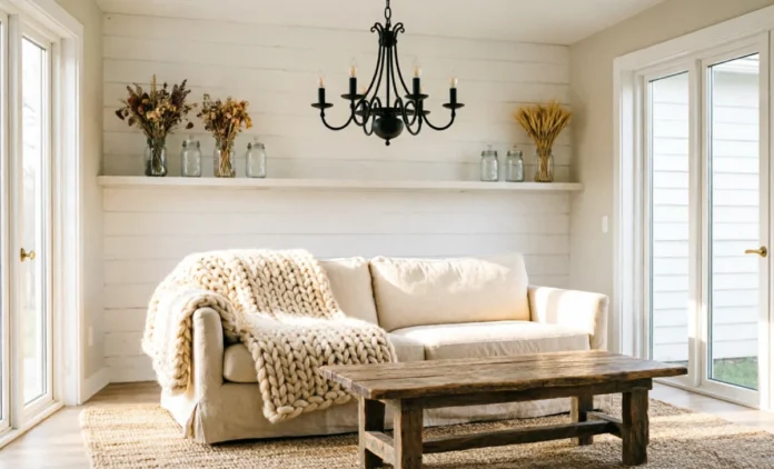 Farmhouse Interior Design Ideas for a Cozy Home A bright farmhouse interior design living room with shiplap walls, neutral tones, and cozy textiles
