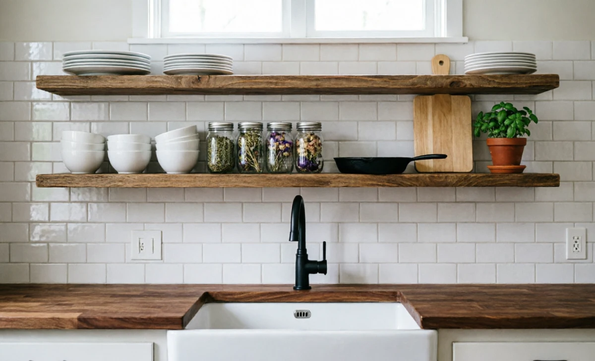 Farmhouse interior design kitchen with open wood shelves styled with mason jars and white dishware above an apron sink and subway tile