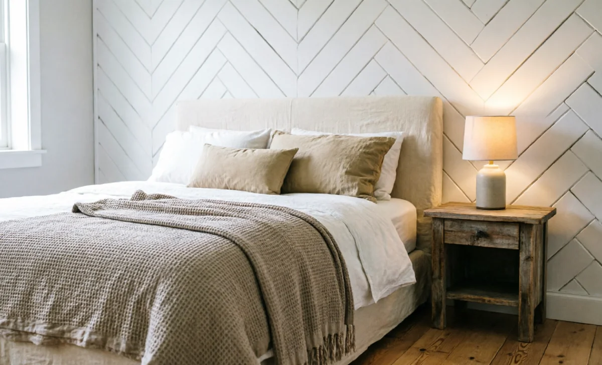 Farmhouse interior design shiplap accent wall in a bedroom with a linen headboard, layered bedding, and warm wood nightstand