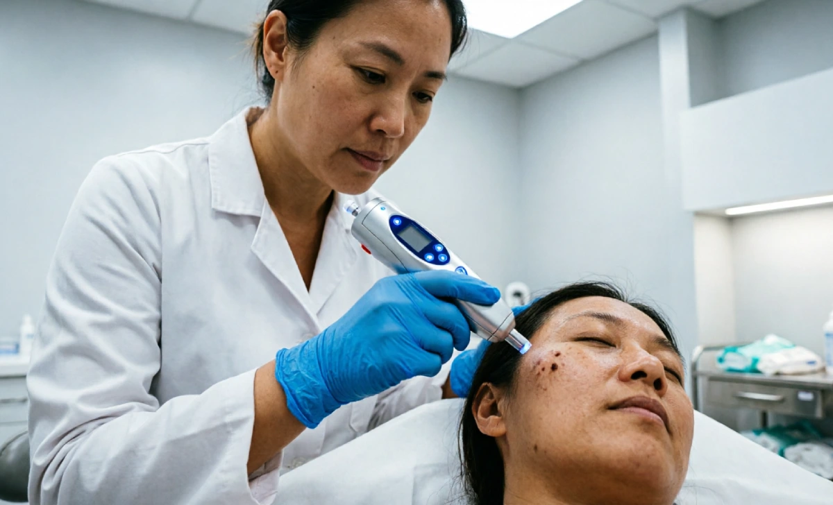 Dermatologist performing laser flat mole removal on patient face in clinic