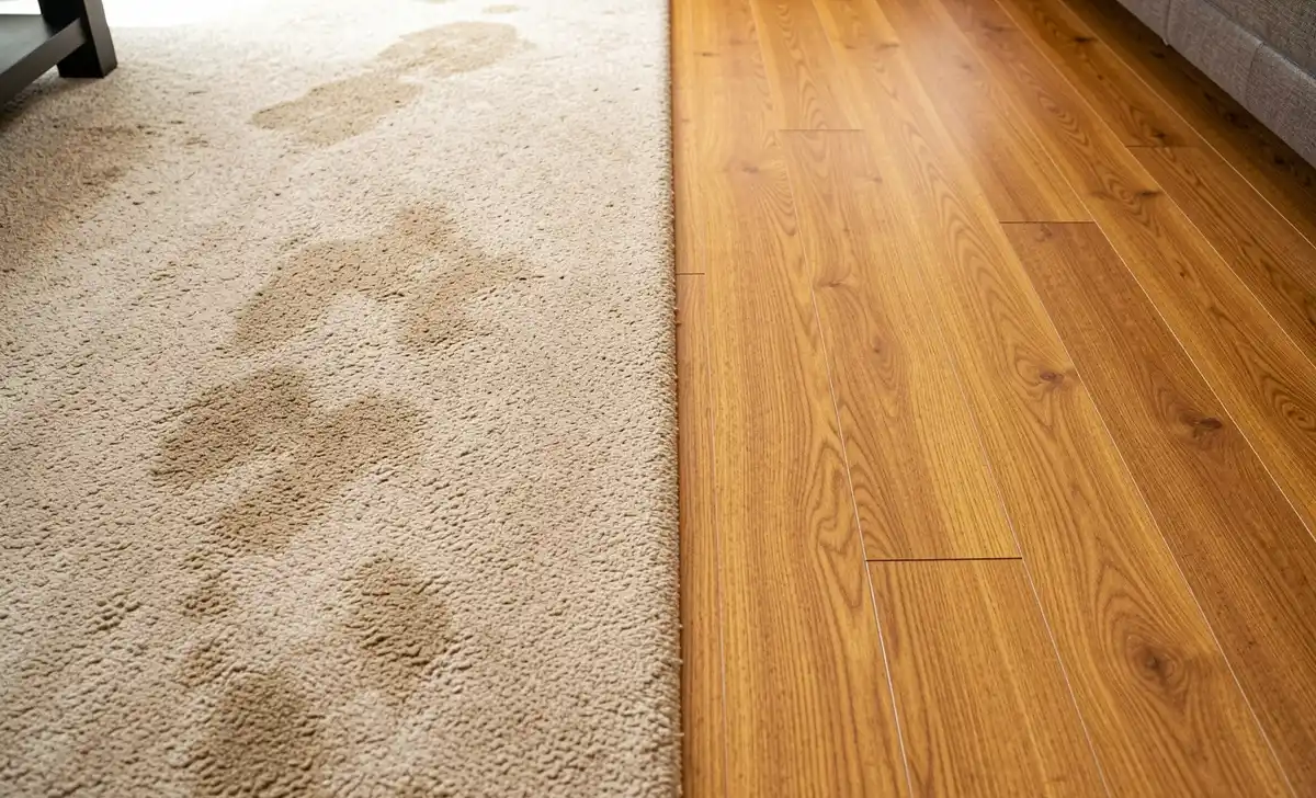 Side by side flooring comparison for interior design home resale value showing luxury vinyl plank versus worn carpet
