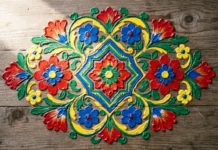 Folklore Art Style Guide: Patterns, Techniques & Examples You Can Try Today Colorful folklore art style patterns painted on wood with floral and geometric folk motifs in red, blue, and yellow