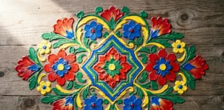 Colorful folklore art style patterns painted on wood with floral and geometric folk motifs in red, blue, and yellow