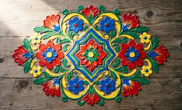 Colorful folklore art style patterns painted on wood with floral and geometric folk motifs in red, blue, and yellow