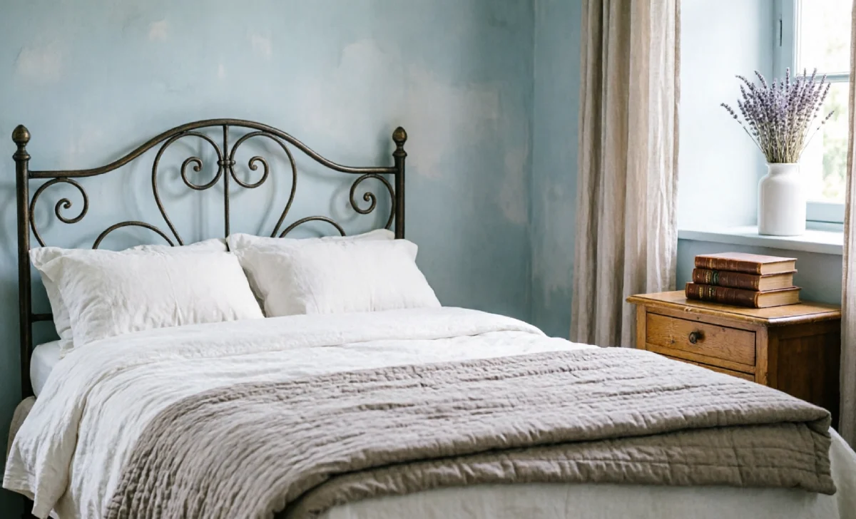 French country interior design bedroom with scrolled iron bed frame, white linen bedding, pale dusty blue walls, and dried lavender on windowsill