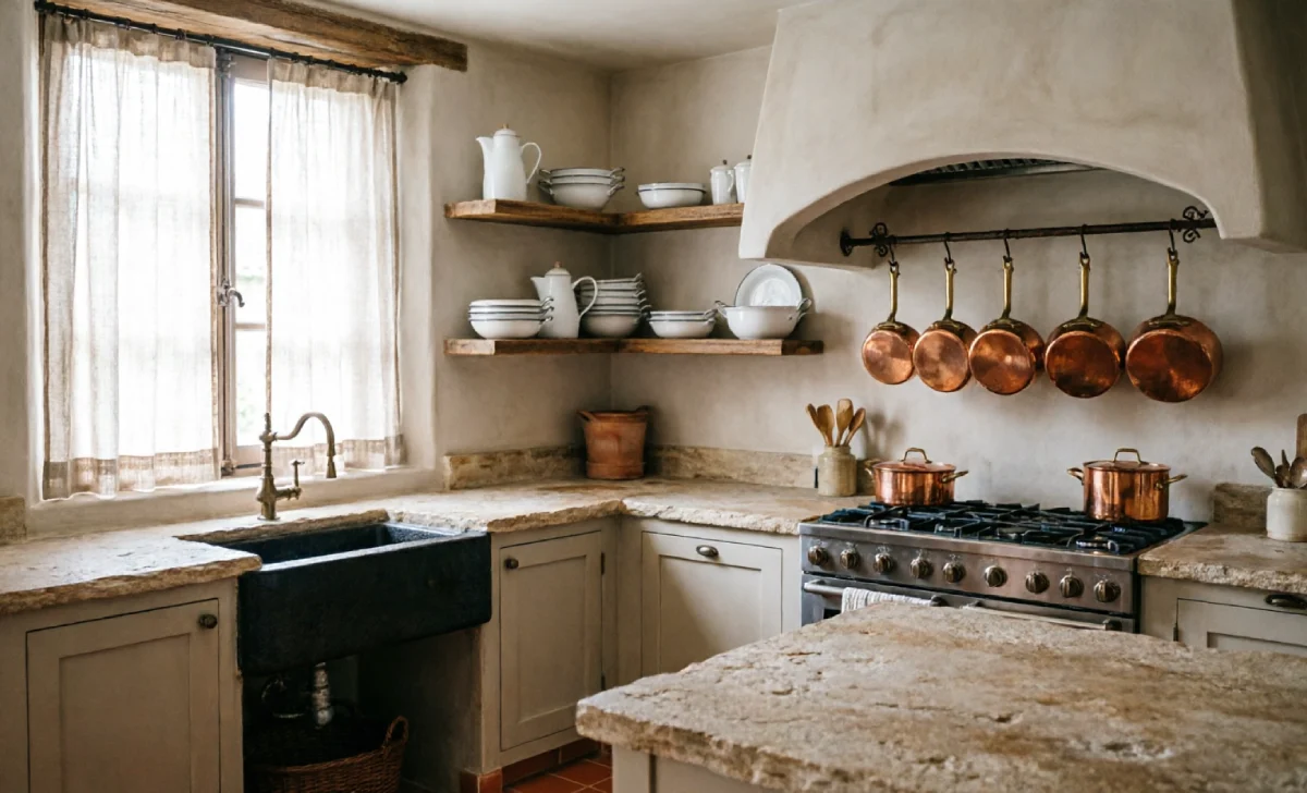 French country interior design kitchen with fireclay farmhouse sink, open wooden shelving, copper pots, and terracotta tile floor