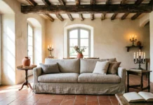 12 Beautiful French Country Interior Design Ideas Inspired by the Provençal French country interior design living room with linen slipcovered sofa, weathered wood beams, and terracotta tile floor