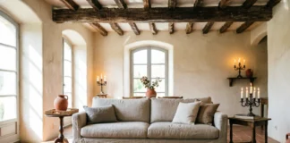 French country interior design living room with linen slipcovered sofa, weathered wood beams, and terracotta tile floor