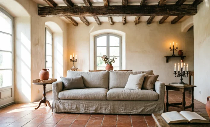 French country interior design living room with linen slipcovered sofa, weathered wood beams, and terracotta tile floor