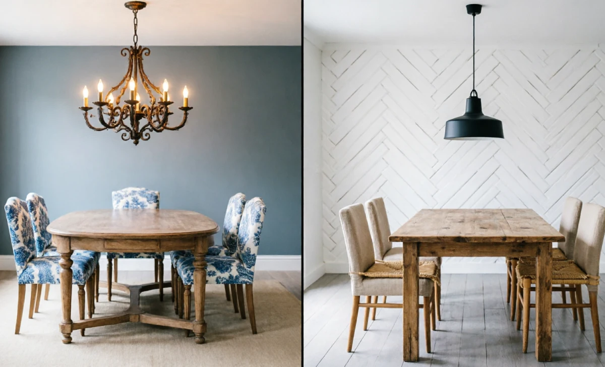 French country interior design dining room compared to American farmhouse style showing curving furniture versus utilitarian shiplap walls