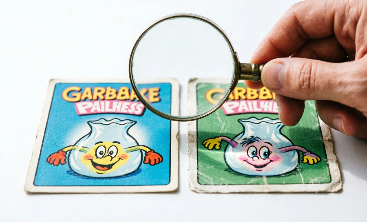 Side by side comparison of mint and worn Garbage Pail Kids cards showing how condition affects garbage pail kids value