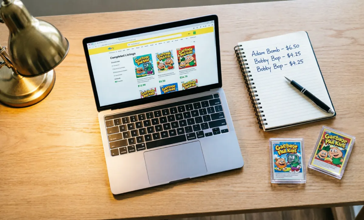 Desk with laptop showing eBay sold listings and notes used to research garbage pail kids value before selling
