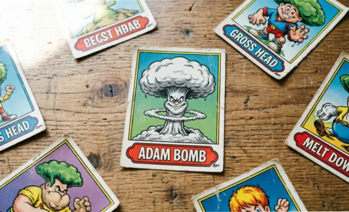 Garbage Pail Kids Value — Original Topps Cards 1985 Original Topps garbage pail kids value cards including Adam Bomb spread on a wooden table