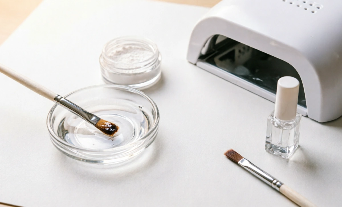 Nail technician applying acrylic monomer and powder in gel vs acrylic nails salon appointment with LED lamp on table
