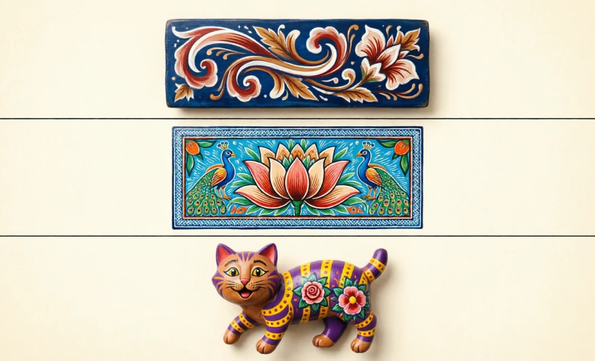 Comparison of three folk art styles: Scandinavian rosemaling scrollwork, Indian Madhubani lotus and peacock, and Mexican painted animal with stripes and dots.