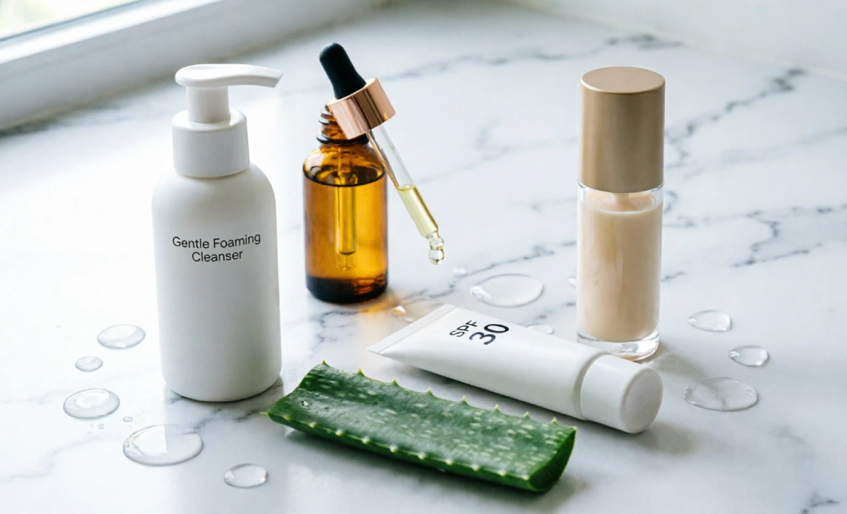 Simple skincare products for glow up in a week including cleanser moisturizer SPF and vitamin C serum