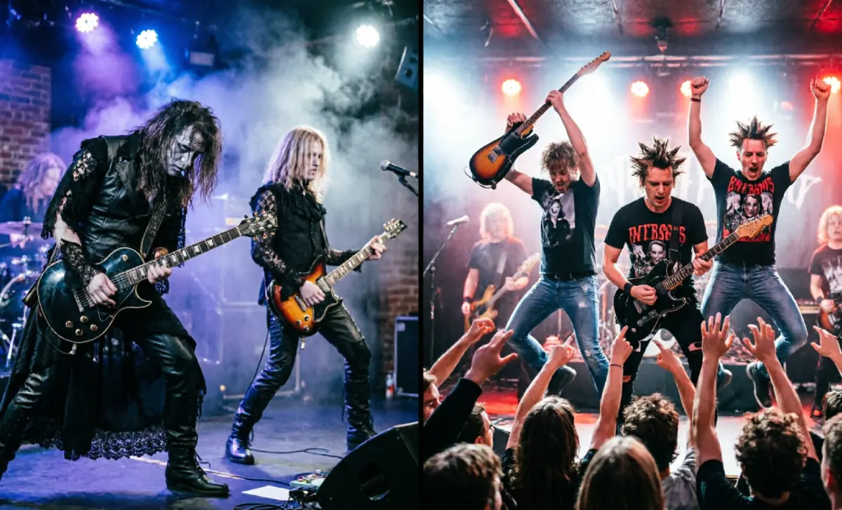 Goth vs emo music difference — two band performances showing contrasting genre atmospheres