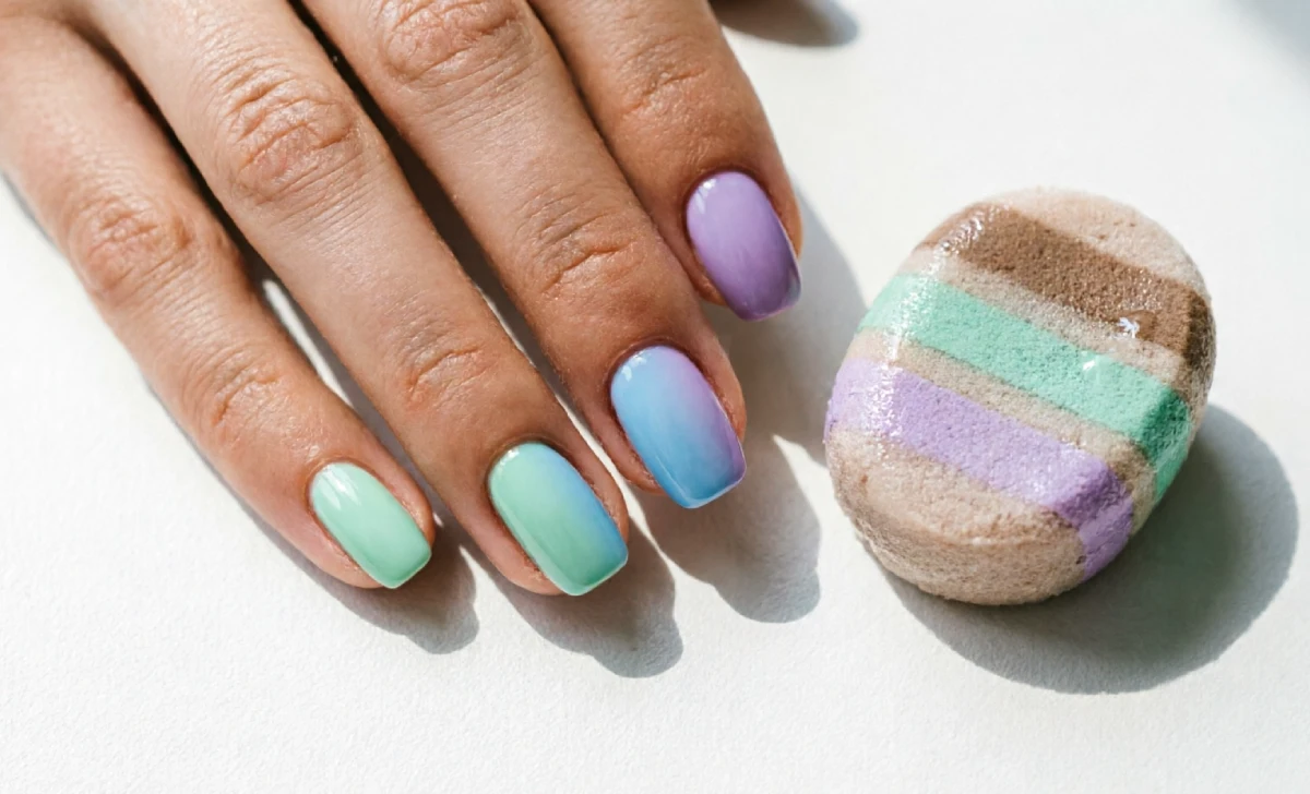 Gradient nails created using sponge blending technique showing mint blue and lavender horizontal color fade on oval nails